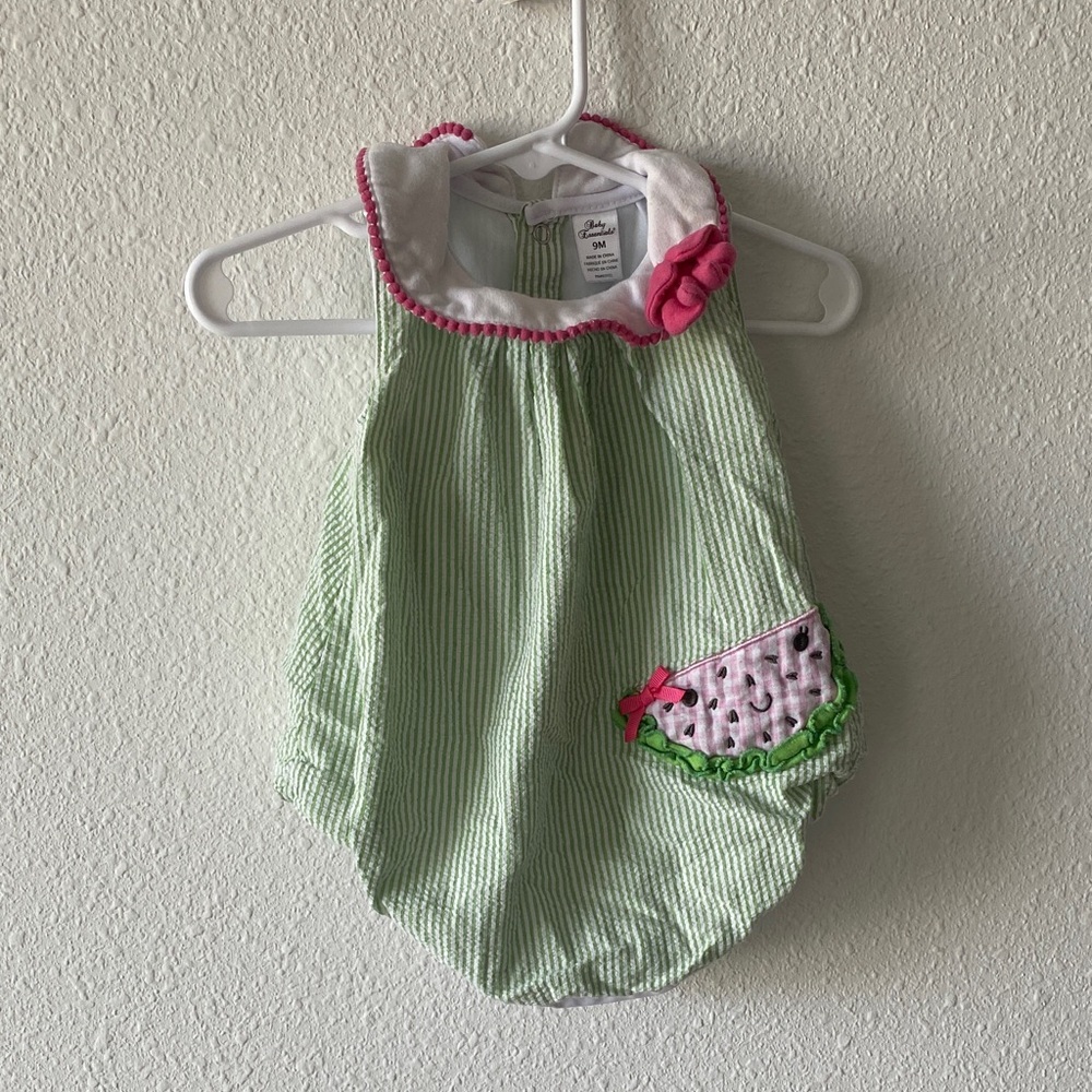 Baby Essentials Green Seersucker Diaper Cover with Pink Watermelon Accent